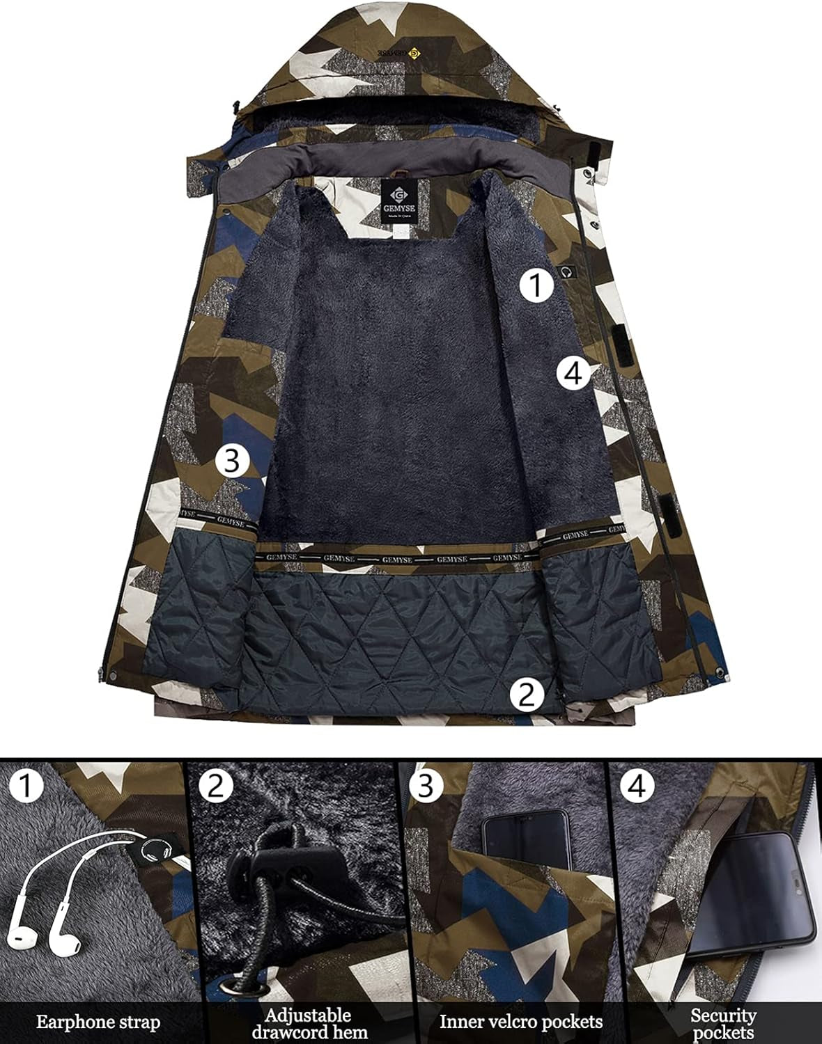 Men'S Windproof Ski Jacket Warm Raincoats Snowboarding Hooded Parka with Multi-Pockets