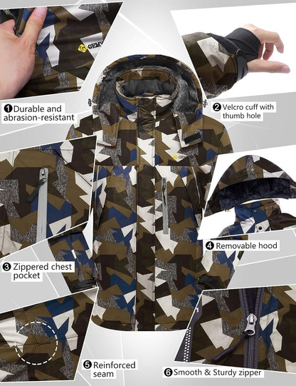 Men'S Windproof Ski Jacket Warm Raincoats Snowboarding Hooded Parka with Multi-Pockets