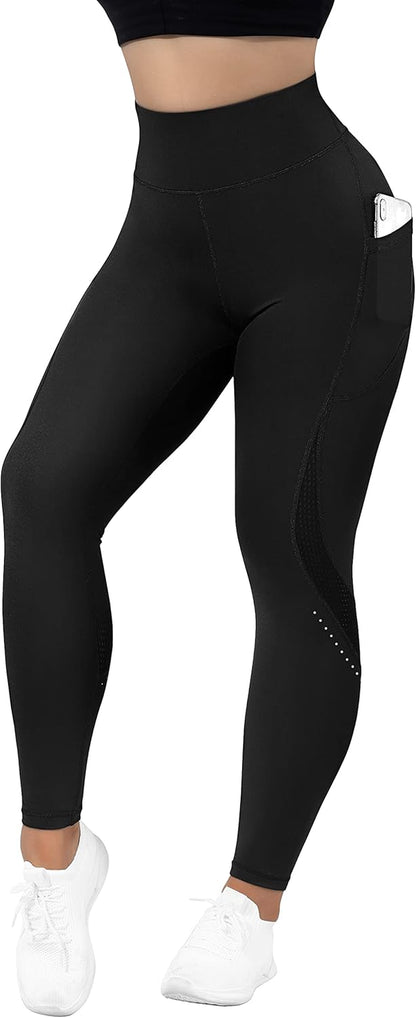 Women Booty Workout Leggings with Pockets Contour High Waisted Gym Yoga Pants(M,853-Black)
