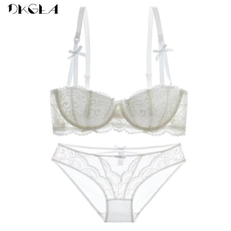 Brand Half Cup Bra Set Women Lingerie Embroidery White Brassiere Thin Cotton Push up Bras Sexy Lace Underwear Set a B C D Cup