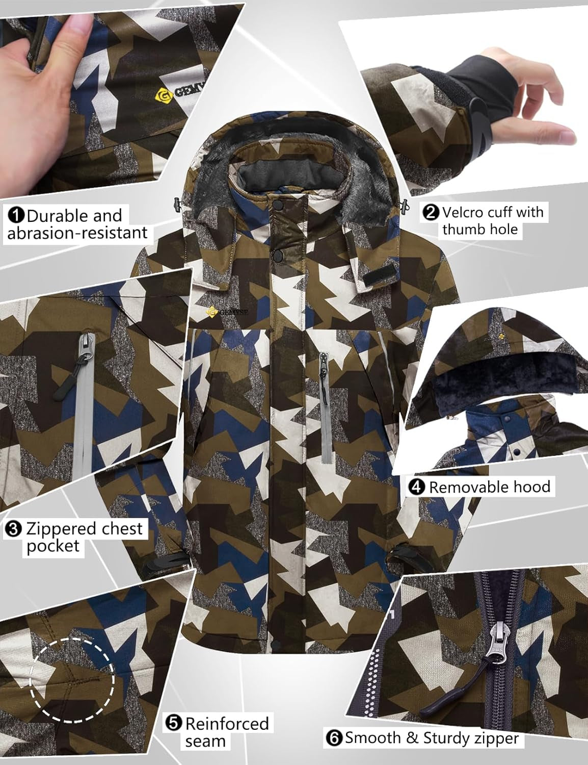 Men'S Windproof Ski Jacket Warm Raincoats Snowboarding Hooded Parka with Multi-Pockets