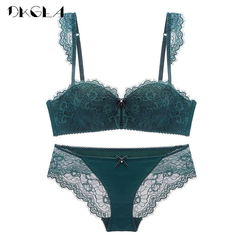 New Fashion Green Brassiere Deep V Push up Bra Set Thick Cotton a B C Cup Women Bras Lingerie Set Lace Sexy Underwear Black