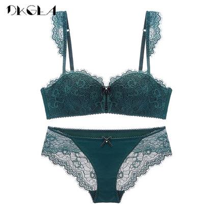 New Fashion Green Brassiere Deep V Push up Bra Set Thick Cotton a B C Cup Women Bras Lingerie Set Lace Sexy Underwear Black