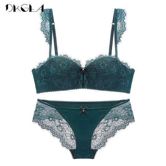 New Fashion Green Brassiere Deep V Push up Bra Set Thick Cotton a B C Cup Women Bras Lingerie Set Lace Sexy Underwear Black